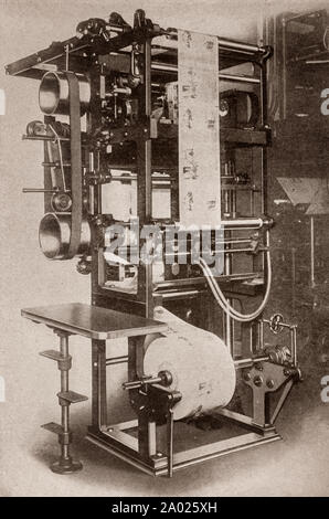 Die neueste Technik und Technologie aus den 1930er Jahren: Eine foto-elektrische insetter. Für zeitschrift Produktion die Seiten wickelt aus einer durchgehenden Rollen verwendet, schneidet sie, faltet sie und insrts thm in das Hauptprodukt. Stockfoto
