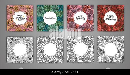 Natur Hintergrund mit Blumen, Rose, saftig, päonie, Lotus. Hand Schriftzug "Happy Birthday". Platz Grußkartenvorlage. Stock Vektor