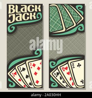 Vektor Banner für Blackjack spielen: grün Rückseiten von Spielkarten auf Tabelle, Ansicht von oben, laden ein Ticket für Casino, Vorlagen mit grauem Hintergrund für Tex Stock Vektor
