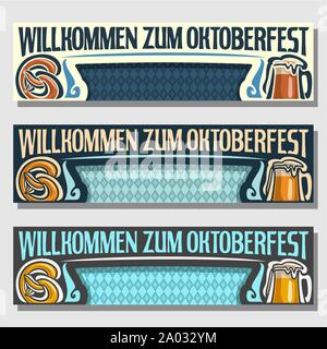 Vektor Oktoberfest Werbebanner: 3 web Header für Oktober fest im deutschen Bayern, Vorlagen mit bayerischen Flagge, Titel Welcome zum Oktoberfest, Layouts Stock Vektor