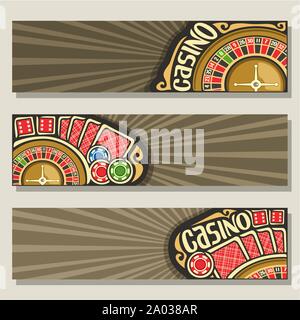 Vector Eingestellt von: Gamble Banner für Casino: 3 web Header mit goldenen roulette Rad für Glücksspiel, roten Rückseiten der Spielkarten, bunte poker chips Stock Vektor