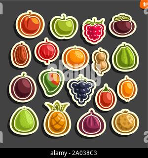 Vektor Icons von bunten Früchte und Beeren auf schwarzem Hintergrund isoliert. Stock Vektor