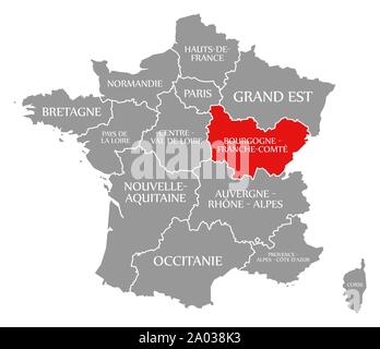 Bourgogne - Franche-Comte rot hervorgehoben Karte von Frankreich Stockfoto