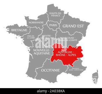 Auvergne - Rhone-Alpes in Rot hervorgehoben Karte von Frankreich Stockfoto