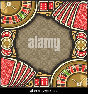 Vektor Plakat für Casino: Rahmen mit braunem Hintergrund für Text auf casino gambling Thema, Grenze mit Roulette, roten Würfel für Craps, Gaming chi Stock Vektor