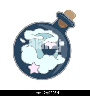 Süße Hand gezeichnet runde Glas trank. Zaubertrank: Blaue flasche Glas mit Mond, Stern, Cloud. Vector Illustration auf weißen isoliert. Stock Vektor