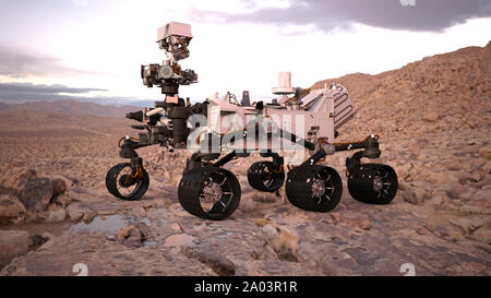 Mars Rover, robotic Space autonomes Fahrzeug auf einem verlassenen Planeten mit Wasser, 3D-Darstellung Stockfoto