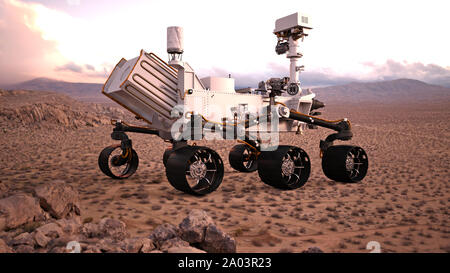 Mars Rover, robotic Space autonomes Fahrzeug auf einem verlassenen Planeten, Rückansicht, 3D-Darstellung Stockfoto