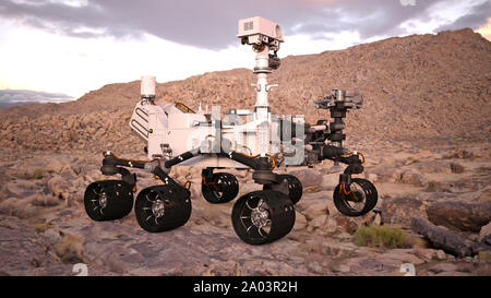 Mars Rover, robotic Space autonomes Fahrzeug auf einem verlassenen Planeten, Seitenansicht, 3D-Darstellung Stockfoto