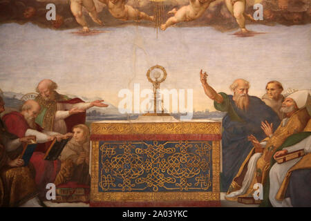 Details. Malerei der Disputation über das Allerheiligste Sakrament. 1509-1510. Raphaël. Zimmer Der segnatura. Vatikan Museum. Rom. Italie. Stockfoto