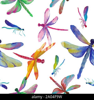 Aquarell Hand gezeichnet andere Farbe Libellen in nahtlose Muster auf weißem Hintergrund. Design für Textilien, Tapeten, Hintergründe und Verpackung. Stockfoto