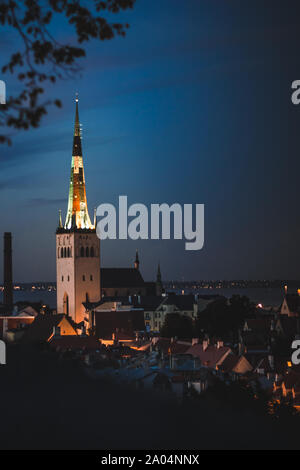 Panorama der Stadt Tallinn, in der Ferne die Kirchturmspitze der St. Olaf, ein Baptist Church Stockfoto