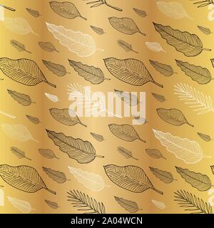 Nahtlose Muster mit philodendron, Banane und Palmenblättern oder Federn. Doodle Skizze. Schwarze und weiße Umrisse auf goldenem Hintergrund. Trendy Textur für digitale Papier, Stoff, dekorative Kulissen, Weihnachten Verpackung. Vector Illustration. EPS 10. Stock Vektor
