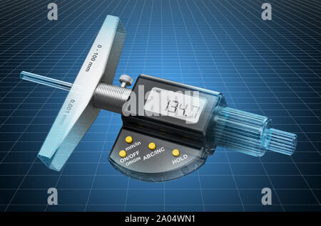 Visualisierung 3D-CAD-Modell der digitalen Tiefenmikrometer, Blaupause. 3D-Rendering Stockfoto