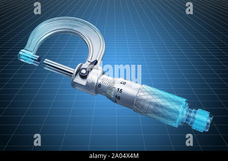 Visualisierung 3D-CAD-Modell der Mikrometer, Blaupause. 3D-Rendering Stockfoto