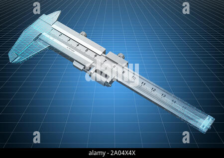 Visualisierung 3D-CAD-Modell der Messschieber, Blaupause. 3D-Rendering Stockfoto