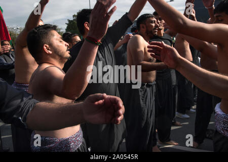 Ashura rituelle muslimische Gemeinschaft Bradford 2019 2010 s UK. Männer schlagen ihre Brust im Ritual selbst geißelung Tag der Ashura Parade der schiitischen Muslime erinnern das Martyrium von Shafiq Husayn ibn Ali in der Schlacht von Kerbela HOMER SYKES Stockfoto