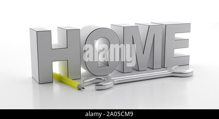 Home Wartung Reparatur Konzept. Startseite Text weißen Buchstaben und Tools gegen den weißen Hintergrund. 3D-Darstellung Stockfoto