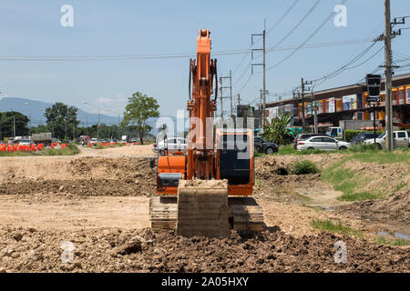 Chiangmai, Thailand - 16. September 2019: Private Doosan Baggerlader auf Baustelle. Auf der straße Nr. 1001 8 km von Chiang Mai City. Stockfoto