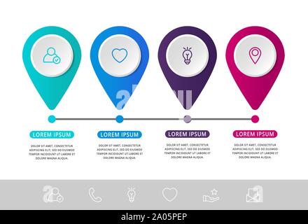 Vektor modernen Infografik flachbild Vorlage pin für vier Papieretikett, Diagramm, Grafik, Präsentation. Business Konzept mit 4 Optionen und markiert. Leerzeichen Stock Vektor