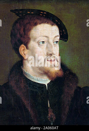 Charles V, 1500-1558. Kaiser des Heiligen Römischen Reiches. Carlos V. König von Spanien als Karl I. Carlos I. Nach einem Gemälde im Rijksmuseum, Amsterdam, Niederlande, in der Art von Jan Cornelisz Vermeyen. Stockfoto