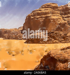 Aquarell Abbildung: monolithische Berg in den zentralen Bereich der Wüste finden von Wadi Rum, Jordanien. Stockfoto