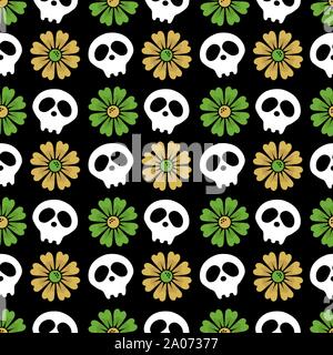Vektor nahtlose schwarzer Hintergrund mit Blumen und Schädeln. Nur festliche Flachbild Hintergrund. Tag der Toten. Happy Halloween. Stock Vektor