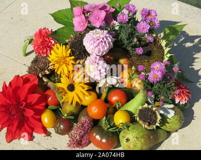 Ein Stilleben, Table-top Anzeige der Herbst von einem Englischen Garten: Obst, Gemüse und Blumen; September 2019 Stockfoto