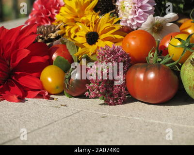 Nahaufnahme einer still life Anzeige der Herbst von einem Englischen Garten: Obst, Gemüse und Blumen; September 2019 Stockfoto