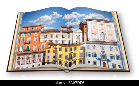 Abstrakte Komposition von typischen alten italienischen Gebäuden (Italien - Pisa) - 3D-Render eines geöffneten Foto Buch auf weißem Hintergrund Stockfoto