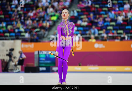 September 19, 2019: Vlada Nikolchenko der Ukraine während der 37 Rhythmische Gymnastik Wm-Match zwischen und Tag 2 an den Nationalen Gymnastik Arena in Baku, Aserbaidschan. Ulrik Pedersen/CSM. Stockfoto