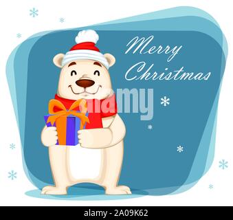 Weihnachten Grußkarten mit Eisbär in Mütze und Schal. Lustige weiße Bär Cartoon Charakter Holding präsentiert. Vector Illustration Stock Vektor