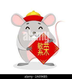 Happy Chinese New Year. Lustige cartoon Ratte hält Plakat mit Grüße. Vector Illustration auf weißem Hintergrund. Schriftzug übersetzt als Wohlstand Stock Vektor