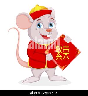 Happy Chinese New Year. Lustige cartoon Ratte hält Plakat mit Grüße. Vector Illustration auf weißem Hintergrund. Schriftzug übersetzt als Wohlstand Stock Vektor