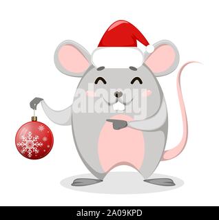 Happy Chinese New Year. Lustige cartoon Ratte hält Christmas tree Ball. Vector Illustration auf weißem Hintergrund. Stock Vektor