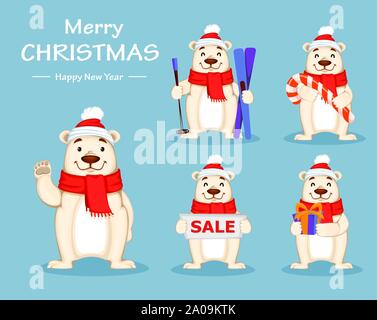 Weihnachten Grußkarten mit Eisbär in Mütze und Schal, 5 Posen. Lustige weiße Bär Cartoon Charakter. Vector Illustration auf Blau Stock Vektor