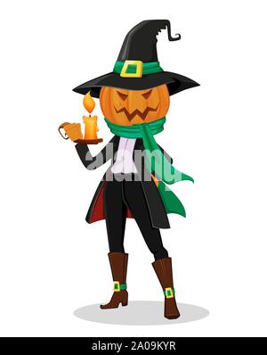 Halloween Party Einladung. Lustige cartoon Charakter Jack O'Lantern mit Kürbis statt Kopf hält Leuchter mit brennenden Kerzen. Vektor illustr Stock Vektor