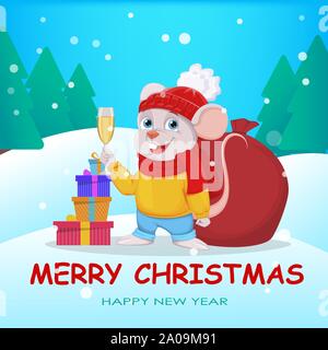 Frohe Weihnachten und guten Rutsch ins neue Jahr. Lustige cartoon Charakter Maus steht im Winter Wald mit einem Glas Champagner und Geschenke. Vector Illustration Stock Vektor