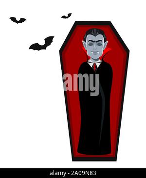 Happy Halloween. Gutaussehenden vampir Zeichentrickfigur in Kap schläft im Sarg. Vector Illustration auf weißem Hintergrund Stock Vektor