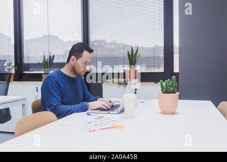 Bärtiger Mann Arbeiten am Laptop im Büro Stockfoto