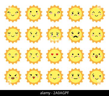 Sun Symbole. Schöne Elemente für Design. Emoji. Satz von Sonne geprägt Emoji mit unterschiedlichen Stimmung. Kawaii süß sun Emoticons und Japanischen Anime emoji Gesichter Stock Vektor