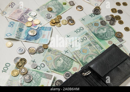 Schwarzes Leder-Etui mit polnischen Geld. Business Konzept Stockfoto