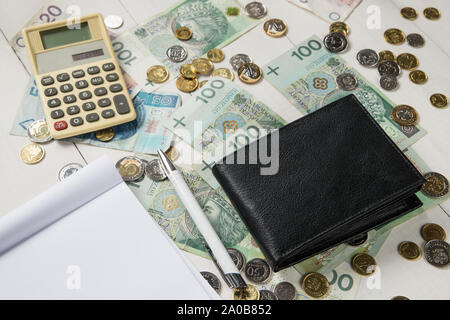 Schwarzes Leder-Etui mit polnischen Geld. Business Konzept Stockfoto