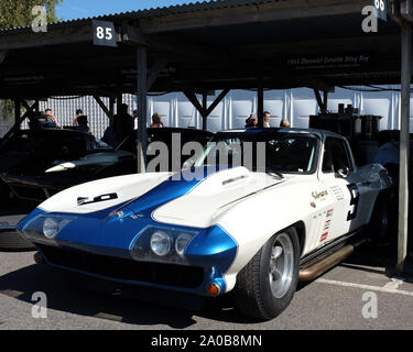 September 2019 - Rennwagen im Fahrerlager in Goodwood Revival Stockfoto