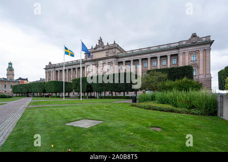 Stockholm, Schweden. September 2019. Panoramablick auf das schwedische Parlament Gebäude Stockfoto