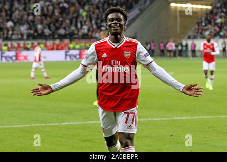 Frankfurt, Deutschland. 19 Sep, 2019. Frankfurt, Deutschland September 19, 2019: EL - 19/20 - Eintracht Frankfurt gegen Deutschland. Arsenal goaljubel/Torwart Bukayo Saka (Arsenal) freut sich über sein Ziel zum 2:0, Landschaft, horizontales Format | Verwendung der weltweiten Kredit: dpa/Alamy leben Nachrichten Stockfoto