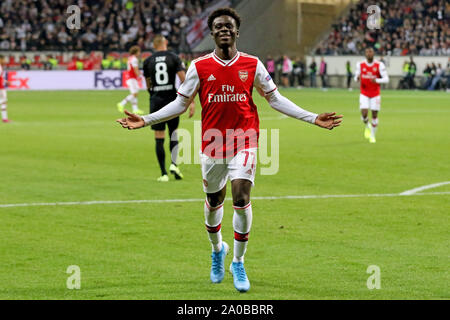 Frankfurt, Deutschland. 19 Sep, 2019. Frankfurt, Deutschland September 19, 2019: EL - 19/20 - Eintracht Frankfurt gegen Deutschland. Arsenal goaljubel/Torwart Bukayo Saka (Arsenal) freut sich über sein Ziel zum 2:0, Landschaft, horizontales Format | Verwendung der weltweiten Kredit: dpa/Alamy leben Nachrichten Stockfoto