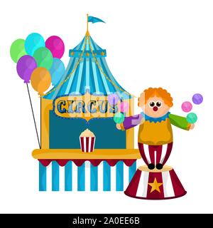 Clown mit Bällen und einem Zirkuszelt-Vector Illustration Stock Vektor