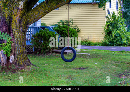 Ein reifen Schwingen hängt an einem Seil an einem Baum in einem Wohngebiet Vorgarten. Stockfoto