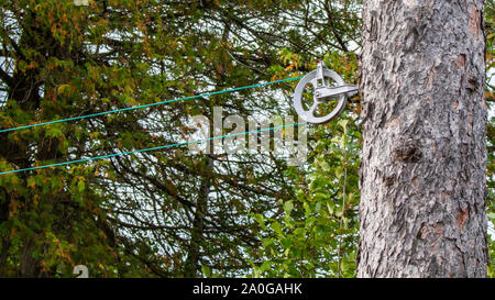 Eine Wäscheleine auf einem am Lenkrad ist mit dem Stamm eines Baumes außerhalb angebracht. Stockfoto